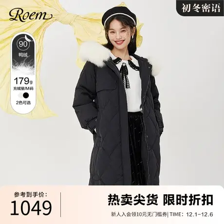 Roem秋冬 商场同款时尚保暖松紧腰带毛领中长款轻薄修身羽绒服商品大图