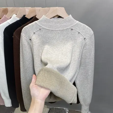 一体绒半高领毛衣女加绒加厚打底衫2023秋冬新款针织衫内搭上衣潮图片