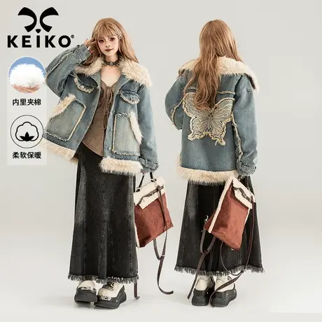 [毛领可拆]仿狐狸毛拼接牛仔棉服女加厚冬季蝴蝶刺绣宽松外套夹克图片