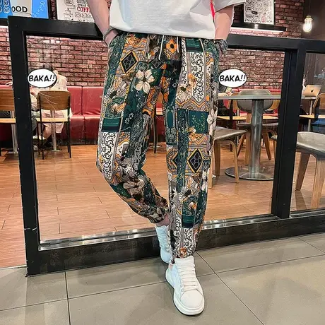 夏季男潮流灯笼裤民族风宽松个性网红冰丝凉感薄款花色休闲九分裤商品大图