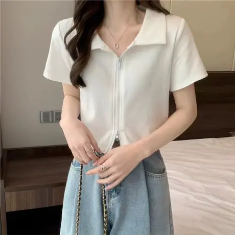 法式设计感Polo翻领正肩短袖女t恤夏季薄款洋气拉链半袖短款上衣商品大图