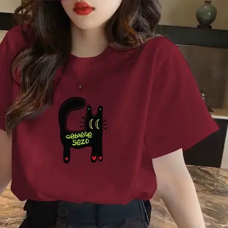 酒红色纯棉短袖正肩女T恤潮牌2024年夏季新款多巴胺穿搭打底上衣商品大图