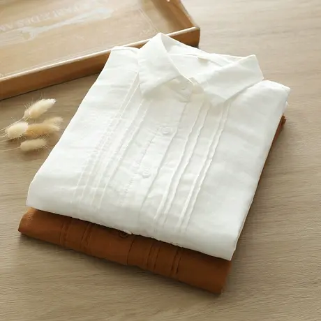 春秋季文艺小清新压褶双层纱纯棉长袖白色衬衫女宽松百搭打底上衣图片