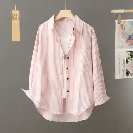 粉色纯棉衬衫外套女早春秋季上衣设计感小众法式别致条纹衬衣开衫图片