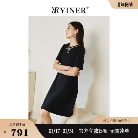 YINER音儿线上专选女装2022夏季钉钻装饰短袖圆领连衣裙图片