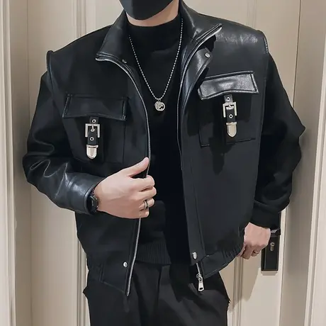 工装皮衣外套男春季潮牌复古小众金属设计感短款痞帅个性机车夹克图片