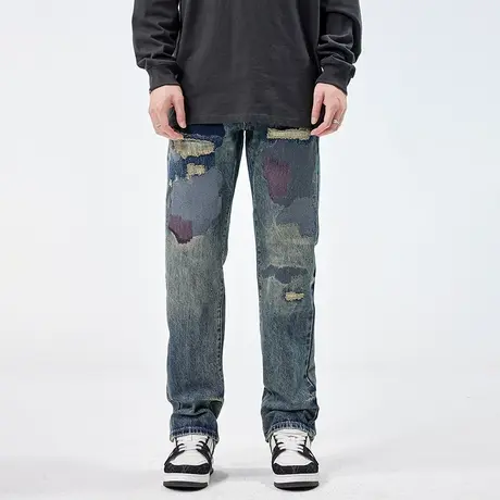 美式破洞牛仔裤男2024新款宽松直筒春秋季潮牌潮流高街男士裤子商品大图