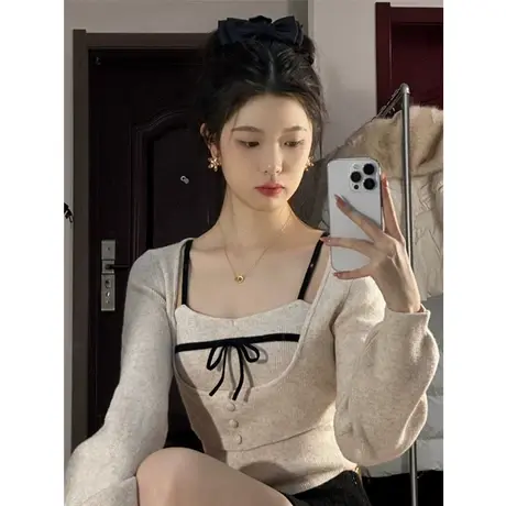 纯欲风辣妹打底衫针织衫女春秋冬吊带背心内搭叠穿两件套修身上衣图片