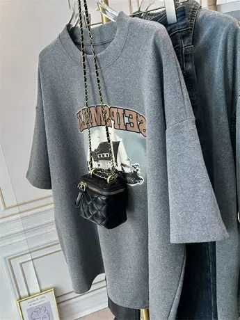 韩版印花磨t毛恤女宽松休闲中长款遮屁股大版配鲨鱼裤短袖上衣春商品大图