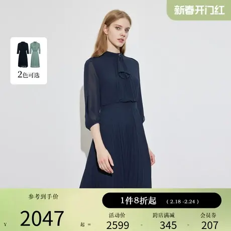 Scofield女装收腰显瘦立领飘带A摆优雅压褶连衣裙女2024夏季新款图片