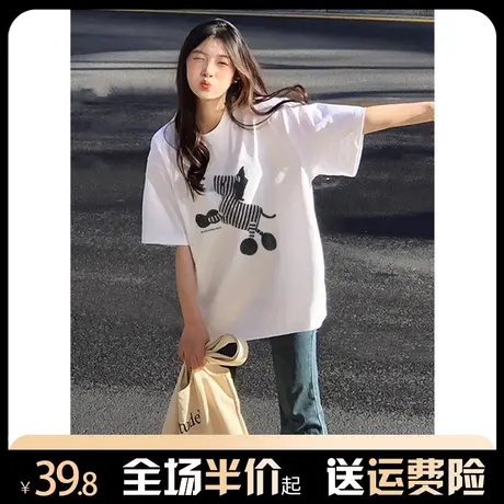 纯棉白色短袖t恤女夏季慵懒风小个子宽松设计感小众半袖上衣早春商品大图