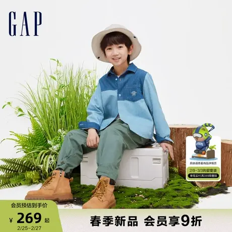 Gap男幼大童2024春季新款拼接翻领衬衫大小童同款柔软牛仔上衣商品大图