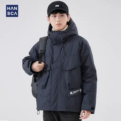 hansca日系工装连帽羽绒服男冬季户外潮牌纯色防风保暖白鸭绒外套图片