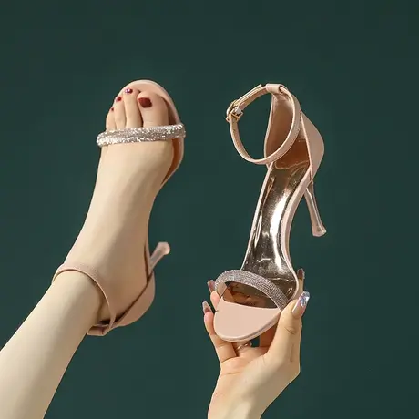 高跟凉鞋女细跟2024夏季新款百搭性感水钻露趾一字带不累脚高跟鞋商品大图