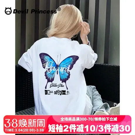 纯欲ins风韩系超好看蝴蝶印花白色正肩t恤女宽松百搭纯棉半袖上衣商品大图