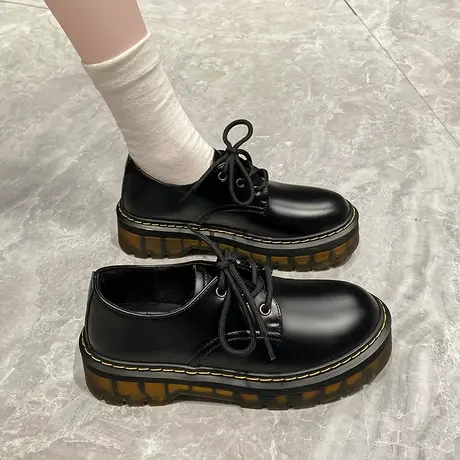 复古黑色单鞋女2024新款女鞋春秋中跟松糕厚底小皮鞋女英伦风鞋子图片