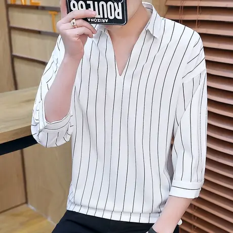 夏季短袖t恤男士潮流仿冰丝感薄款打底上衣帅气韩版衬衫领体恤衫商品大图