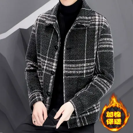 高端男装毛呢子外套冬季男士潮流夹克帅气金貂绒加绒加厚短款大衣商品大图