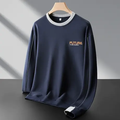 秋冬季日系港风潮牌撞色圆领袖口拼接卫衣男士2023新款内搭打底衫商品大图