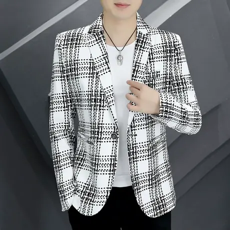 男士格子西装韩版潮流修身小西服发型师春秋季休闲外套痞帅气秋装商品大图