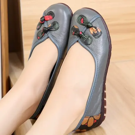 2023秋季真皮民族风大码单鞋女40-43新款潮 百搭平底牛筋底41皮鞋商品大图