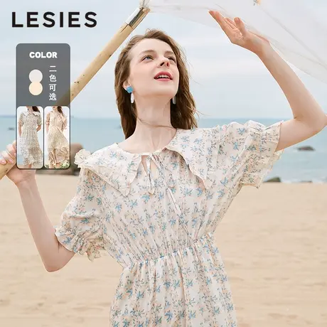 LESIES蓝色倾情夏装新法式翻领朦胧感印花松紧腰温柔风连衣裙图片