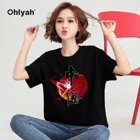 Ohlyah国潮中国风t恤情侣装夏装女男黑色短袖新疆棉上衣班服定制商品大图
