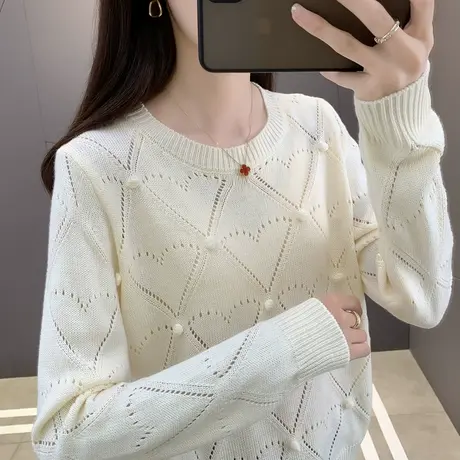 潮流小个子针织衫女上衣秋装2023新款宽松长袖镂空高级感套头毛衣商品大图
