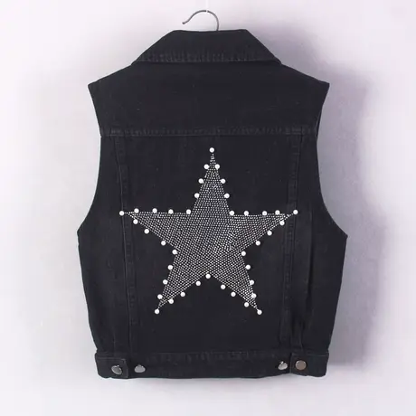 牛仔马甲女短款背心宽松春秋新款大码无袖外套显瘦外搭镶钻五角星商品大图