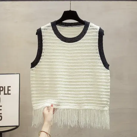 流苏圆领针织马甲背心女2023秋装新款宽松外穿马夹镂空毛衣坎肩潮商品大图