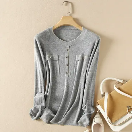 美丽诺羊毛秋季女2023新款毛衣女宽松圆领套头上衣爆款针织打底衫商品大图