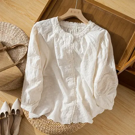享永子全棉衬衫女文艺复古蕾丝花边宽松气质高级感上衣2023新款秋商品大图