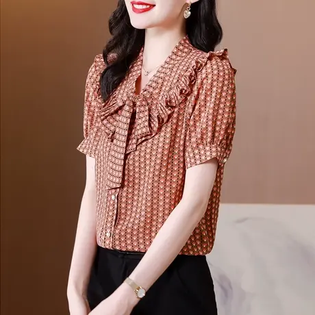 2023夏季新款荷叶边短袖印花衬衫法式复古气质宽松雪纺衫女上衣潮商品大图