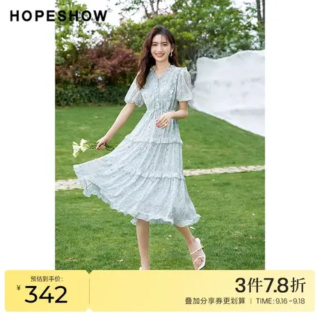 红袖outlets泡泡袖碎花裙hopeshow2023夏季新款木耳边V领连衣裙女图片