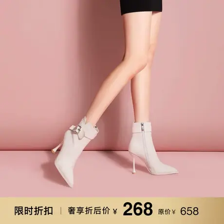 熙漫2023秋冬新款皮带扣短靴尖头细跟御姐气质女靴职业百搭直筒靴图片
