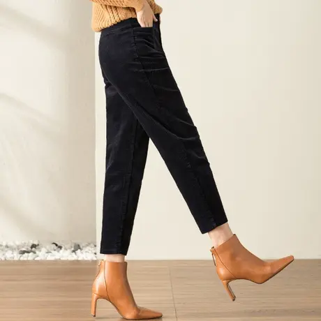 藏青色灯芯绒裤子女秋冬2023新款休闲加绒女裤九分条绒萝卜哈伦裤商品大图