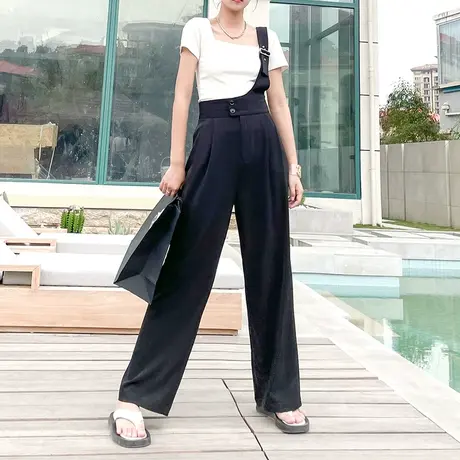 高腰阔腿裤女垂感夏季薄款韩版宽松休闲单肩背带裤直筒显瘦长裤子商品大图