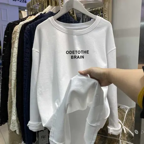 白色韩版ins印花2022春秋装中长款宽松磨毛圆领百搭长袖打底衫女商品大图