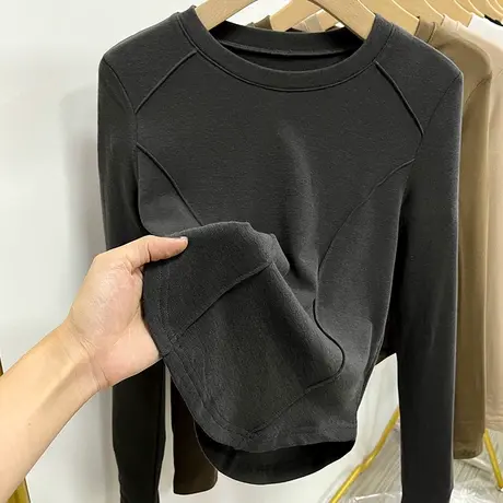 长袖t恤女秋冬加厚磨毛小众设计感正肩内搭欧货大码打底衫上衣ins商品大图
