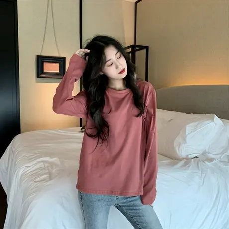 2021纯色长袖打底衫女春秋洋气百搭韩版白色宽松T恤小衫内搭ins潮商品大图