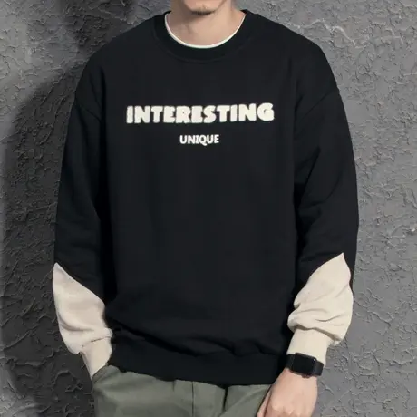 2021新款复古模糊设计男装卫衣外套男春秋拼色国潮秋装上衣拼接潮商品大图