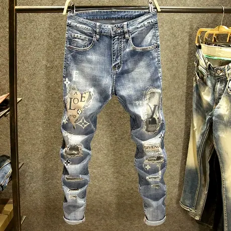高端刺绣牛仔裤男印花潮牌修身小脚裤春季韩版潮流男装破洞长裤子商品大图