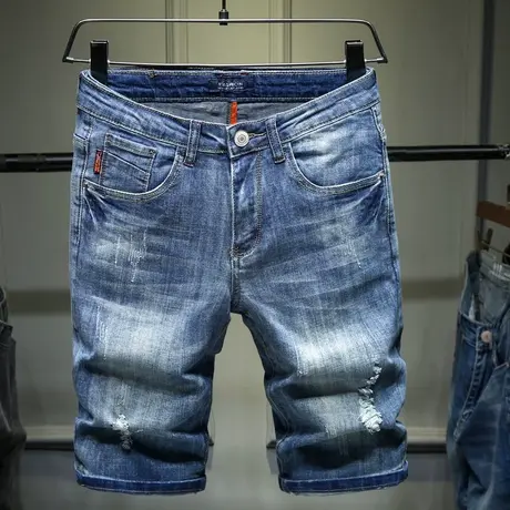 牛仔裤男士修身直筒弹力破洞短裤子中裤男薄款百搭潮牌透气马裤子商品大图