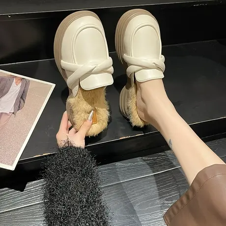 法式毛毛半拖鞋女2023年秋冬新款松糕厚底英伦风百搭无后跟单鞋商品大图