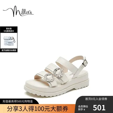 millie's妙丽夏季牛皮时尚钻扣休闲简约百搭通勤运动风厚底女凉鞋图片