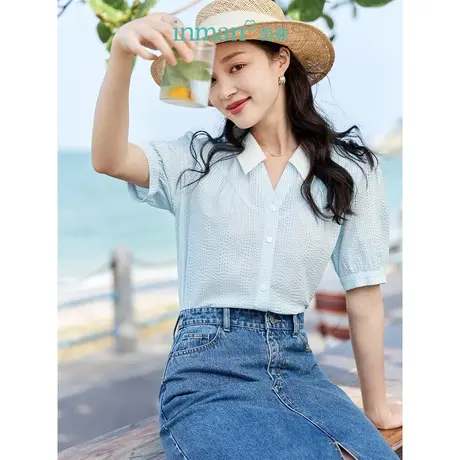 茵曼文艺清新衬衣2023夏女装新款V型领衬衫领泡泡袖宽松显瘦上衣图片