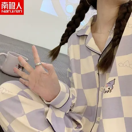 南极人格子长袖睡衣女款大眼仔春秋季天大码可爱薄款家居服可外穿商品大图