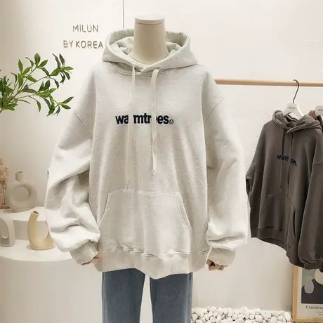 2021秋冬款韩国东大门ins慵懒休闲复古字母笑脸加绒保暖卫衣包臀商品大图