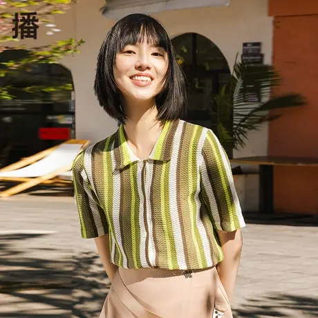 播2023秋新款休闲衬衫翻领直筒短款撞色条纹针织开衫女BDP2UD0640商品大图