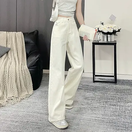 丽洁白色牛仔阔腿裤女夏垂感直筒裤高腰2025新款薄款休闲长裤商品大图